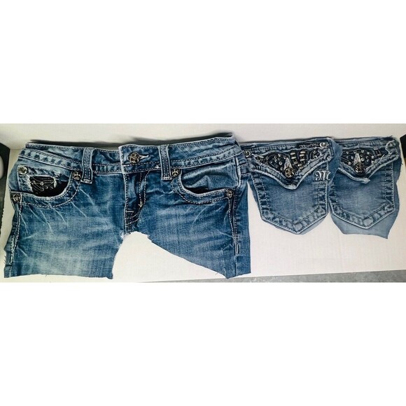 Miss Me Jeans Patches Rhinestone Pockets Zipper Buttons Logo Upcycle Thrift Flip - Picture 1 of 8